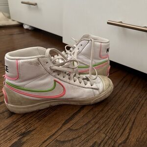 Nike White High-Tops with Green and Pink Accents